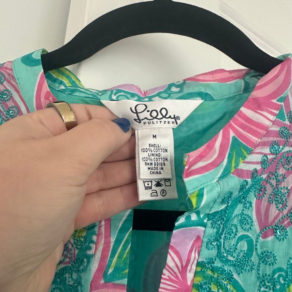 Vintage Lilly Pulitzer (M) Teal Kaftan Maxi Dress / Resortcore Coverup Preppy - Picture 3 of 10